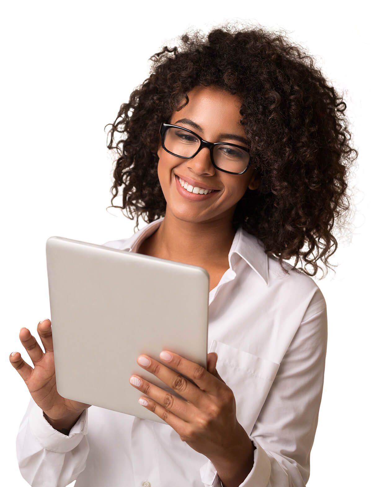 Smiling young woman on tablet with replacement blue protect lenses